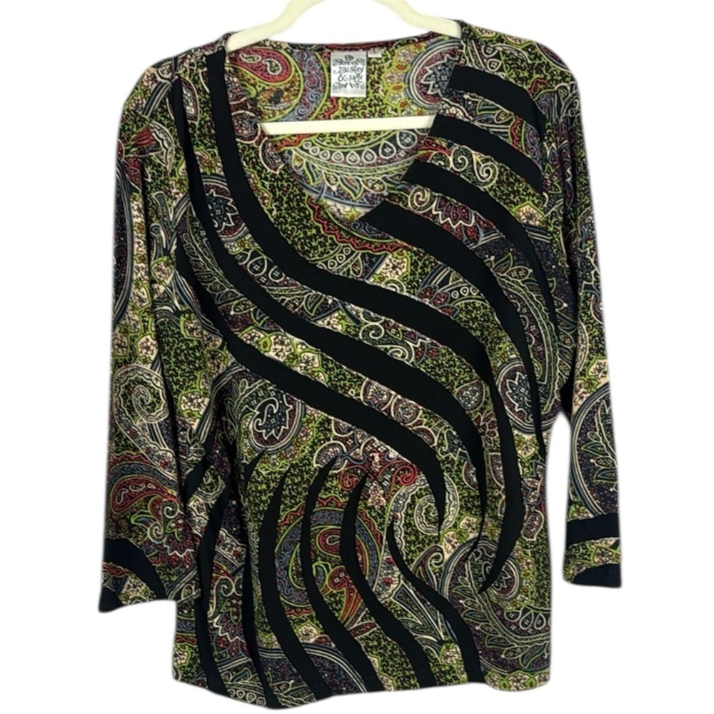 Parsley & Sage Asymmetrical Design Black & Green Blouse with 3/4 Sleeves Size L